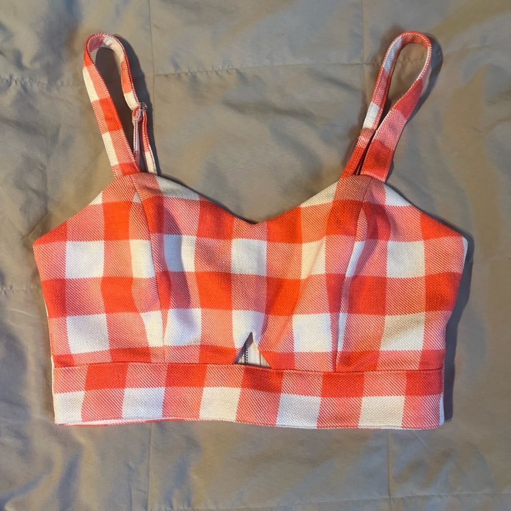 Jealous Tomato Small Orange White Gingham Print Cami Crop Top Eyelet Cropped